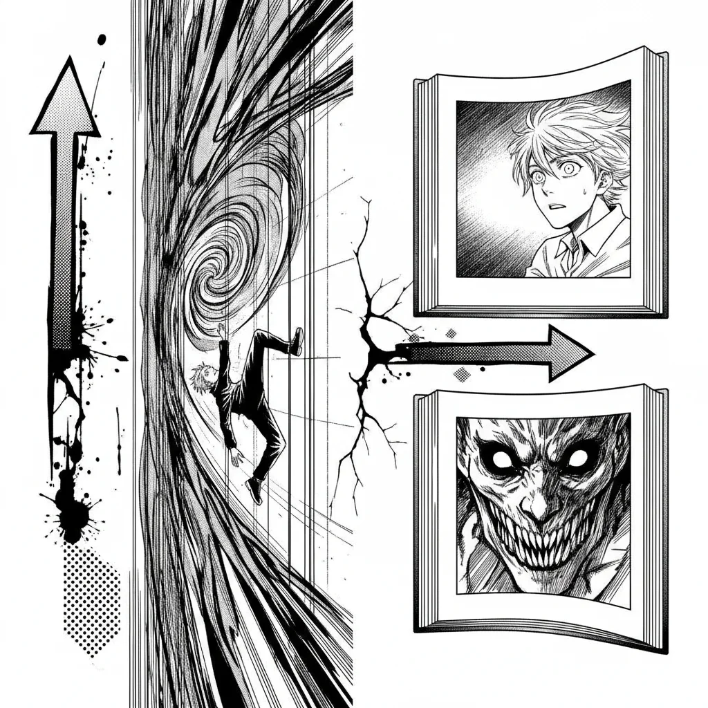 Composition of manga panels showing a dynamic reading flow, symbolizing layout adaptation.