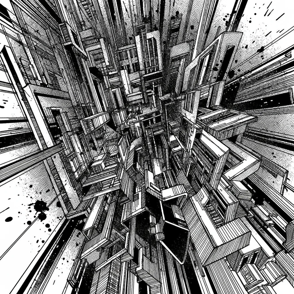 Manga illustration showing a scene with worked visual depth through the layering of characters and background elements.