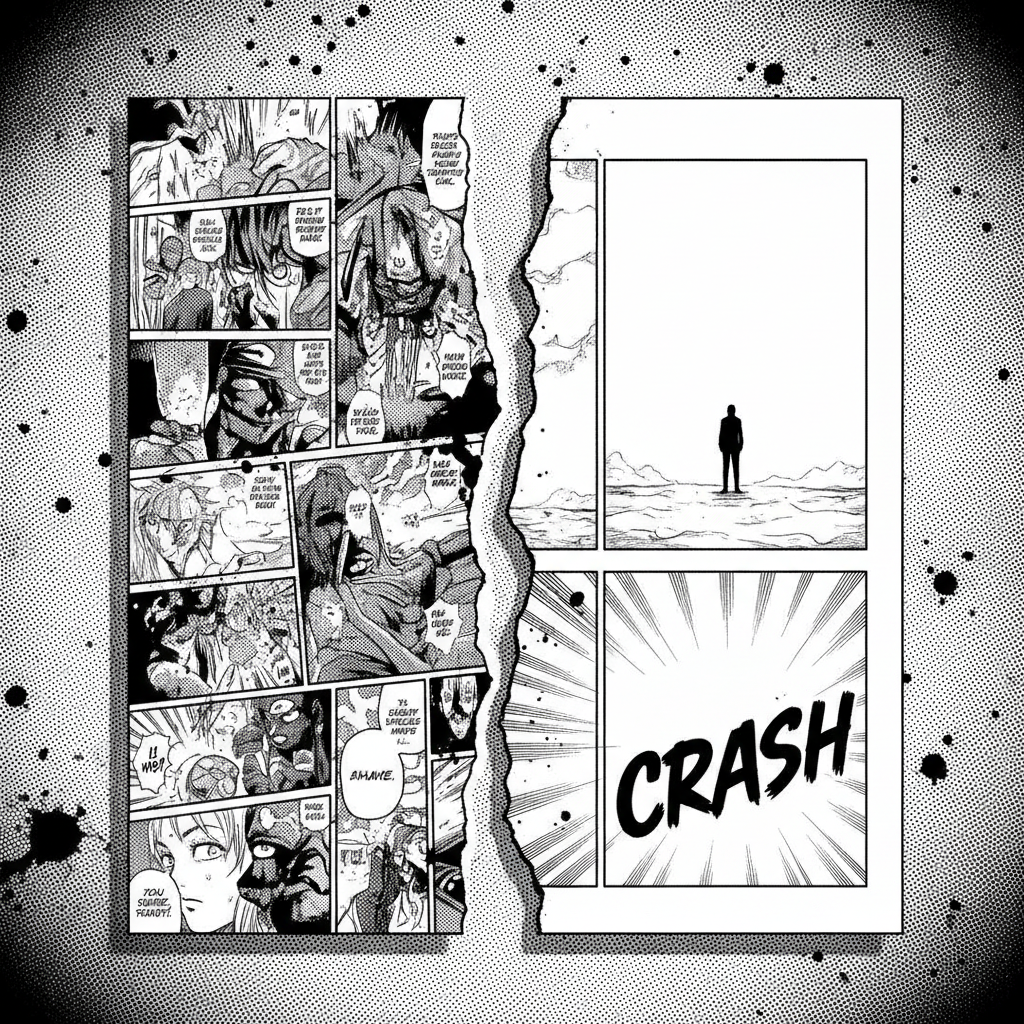 Ilustración contrastada de páginas de manga: una densa y caótica, la otra aireada y tensa.