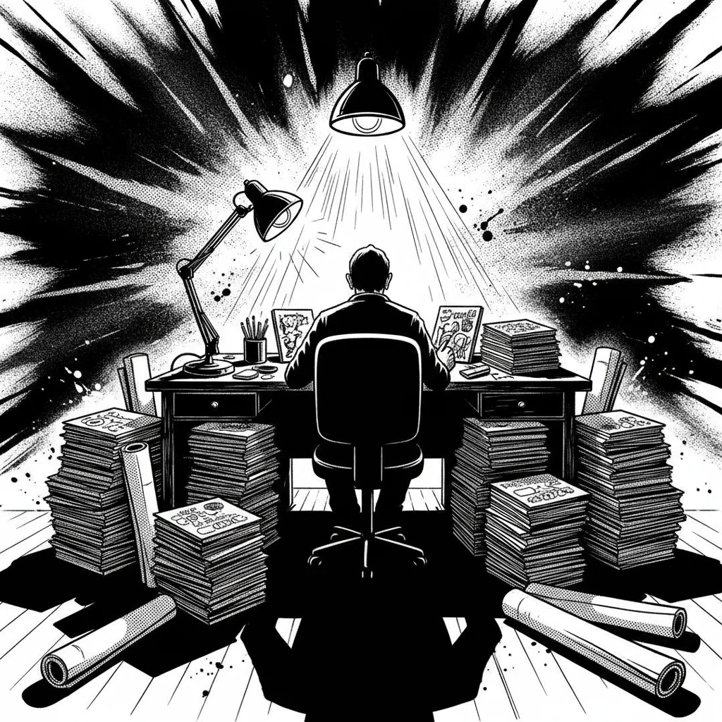 Ilustración de un artista de manga trabajando en sus páginas, rodeado de material de impresión y publicaciones independientes.