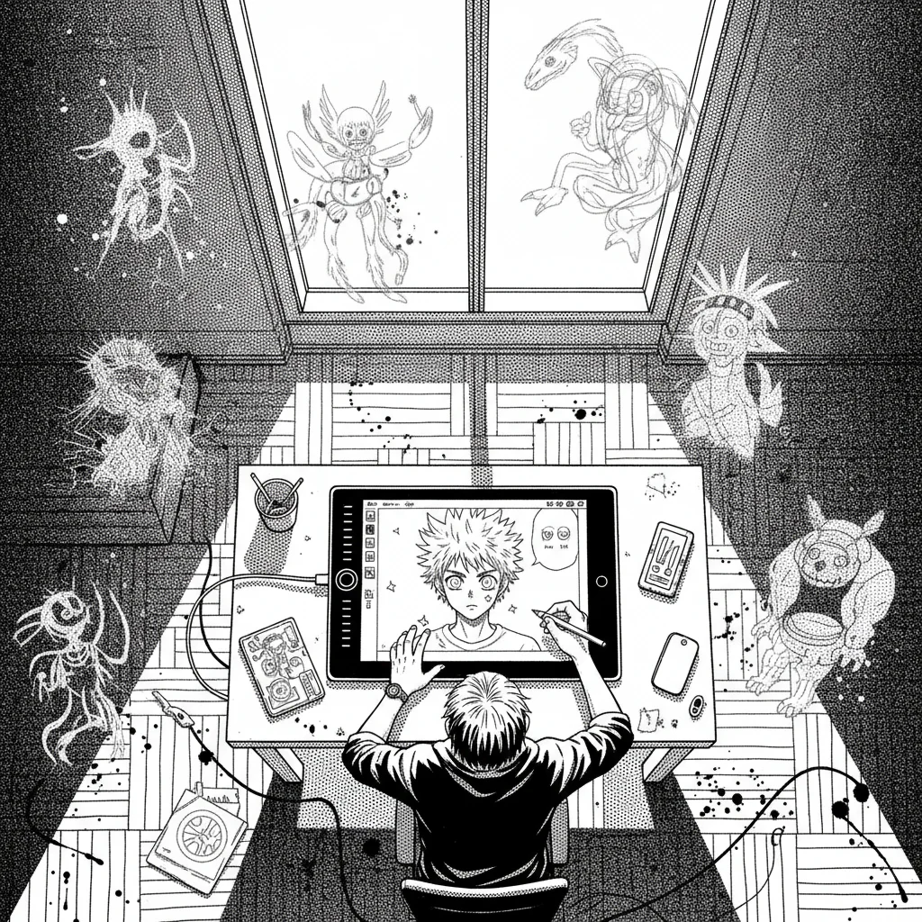 Stylized illustration of a manga character with icons representing consistency and visual identity.