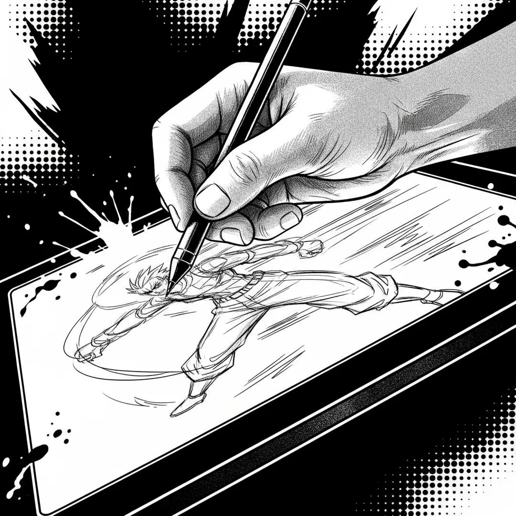 A manga artist sketches characters with dynamic and asymmetrical poses on a graphics tablet.