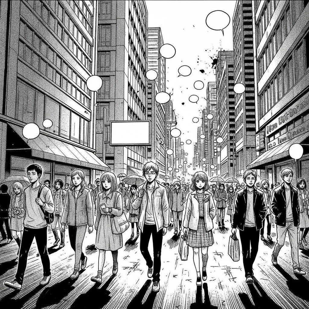 Illustration stylisée d'une bulle de pensée de manga vide, symbolisant une voix narrative absente ou confuse.